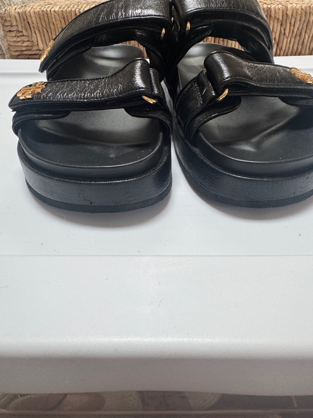 Tory Burch Kira Black Leather Platform Sport Sandals with Gold Logo Size 8 - Picture 7 of 11